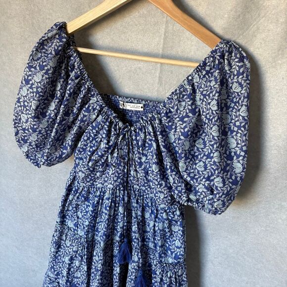 ZARA Printed Short Blue/White A-Line Dress with Balloon Sleeves size Small NWOT - Picture 4 of 7